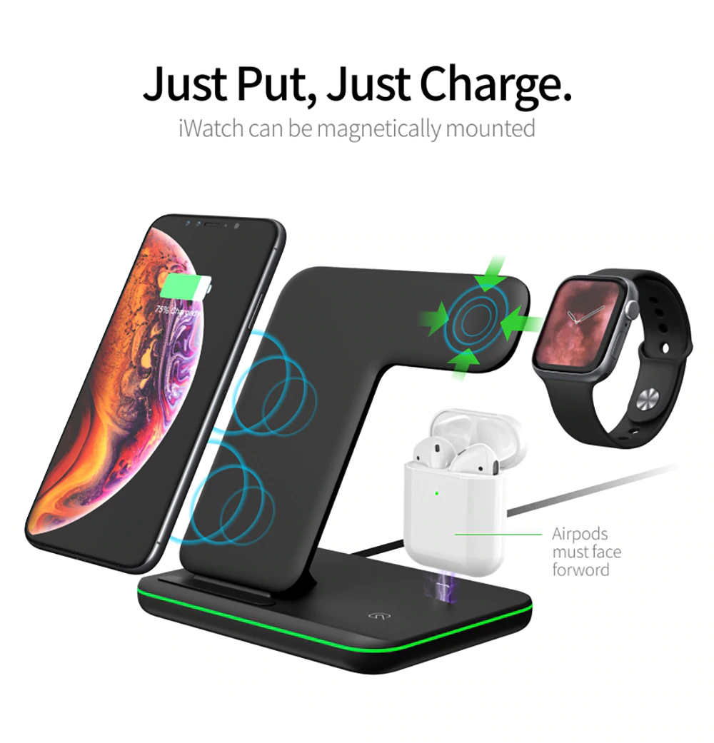3 in 1 Wireless Charger Station 15W Fast Charging Dock - Exinoz
