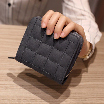 Short Wallets PU Leather Female Plaid Purses Nubuck Card Holder - Exinoz