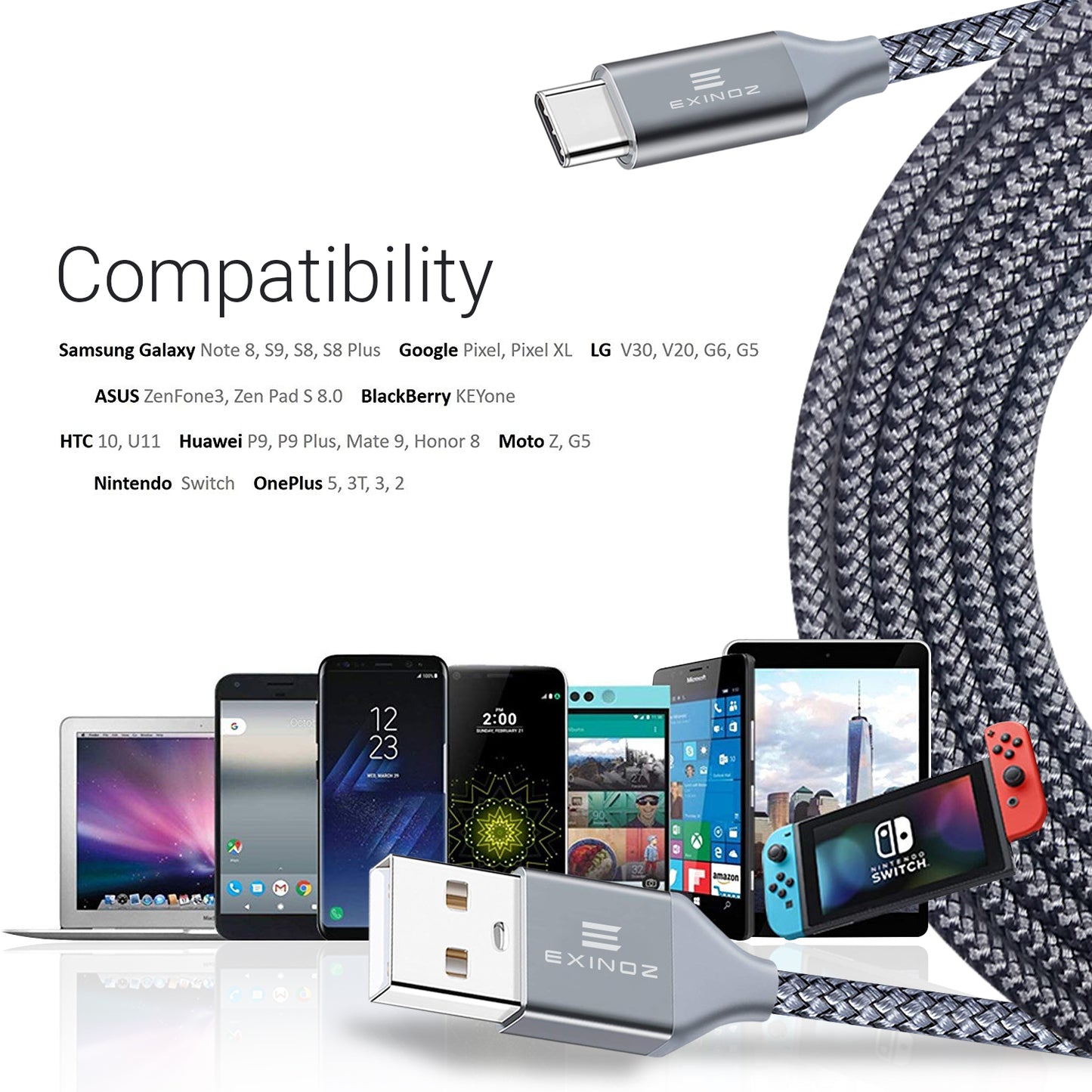 Exinoz USB Type C Cable Fast Charging USB C Cable (Any Colour 2 Pack Bundle) - Exinoz