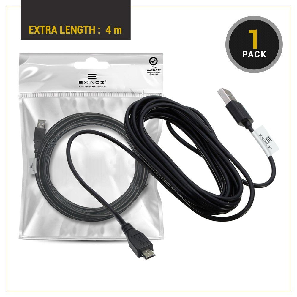 EXINOZ® 13ft Charging Cable for PS4 DualShock and Xbox One Controller | Ideal Length USB Cord for Playstation 4 and Xbox I High-Quality Cable with 1-Year Replacement Warranty (Black) - Exinoz