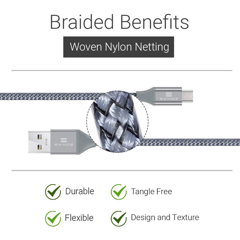 EXINOZ 6.6ft (2m) Braided Charger Cable | Micro USB | Ideal Length | 1 Year Replacement Warranty - Exinoz
