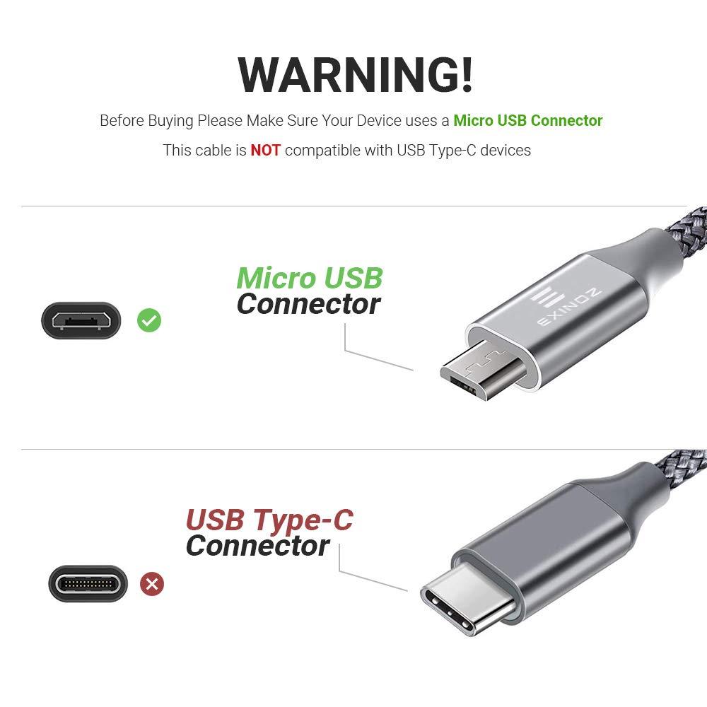 EXINOZ 6.6ft (2m) Braided Charger Cable | Micro USB | Ideal Length | 1 Year Replacement Warranty - Exinoz