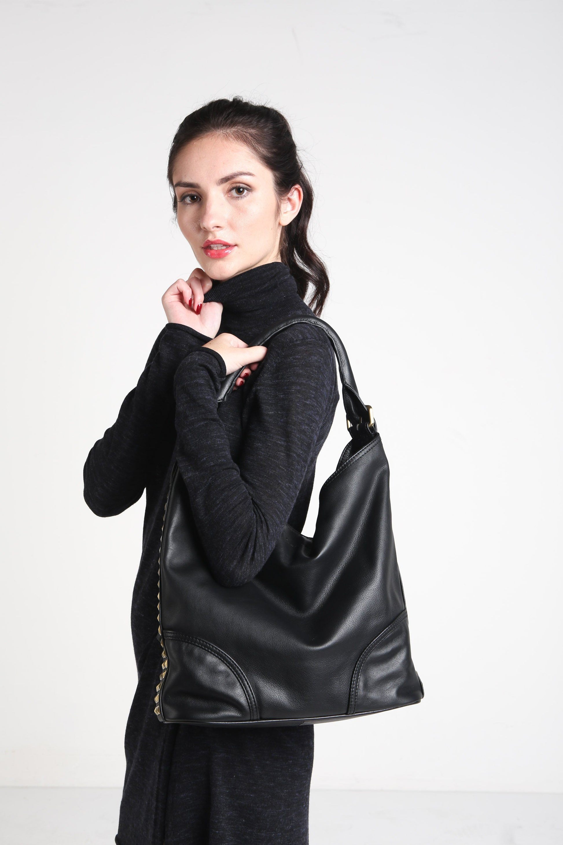 EMPRESS Studded Slouchy Hobo Shoulder Bag - Exinoz