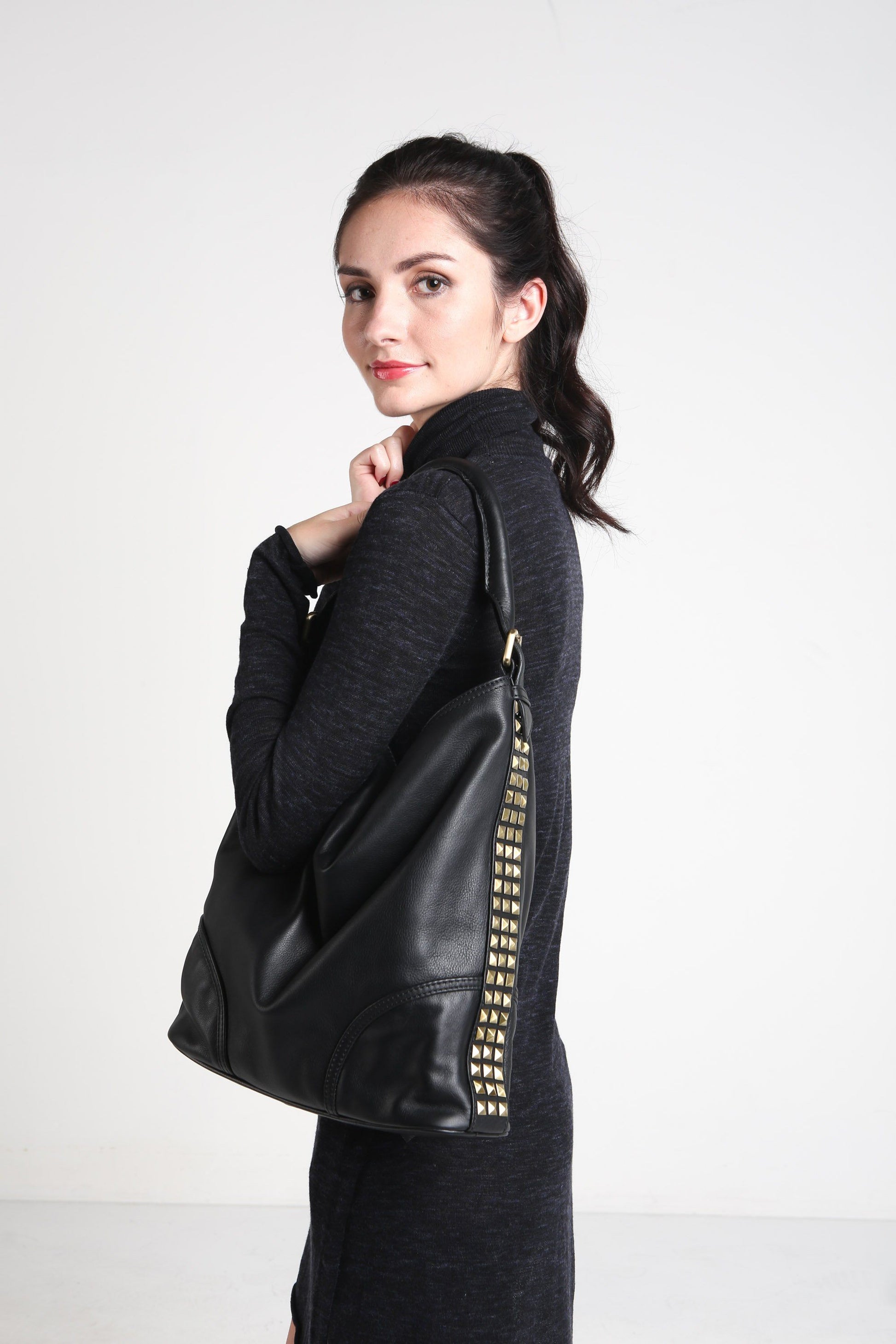 EMPRESS Studded Slouchy Hobo Shoulder Bag - Exinoz