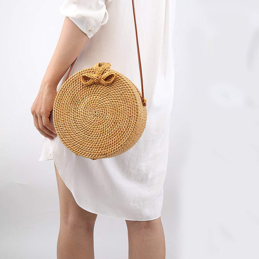 Handwoven Round Rattan Bag - Exinoz
