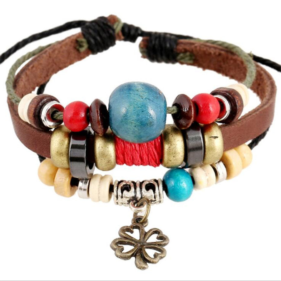 Genuine Leather Multi-layer Beaded Charm Bracelets - Exinoz