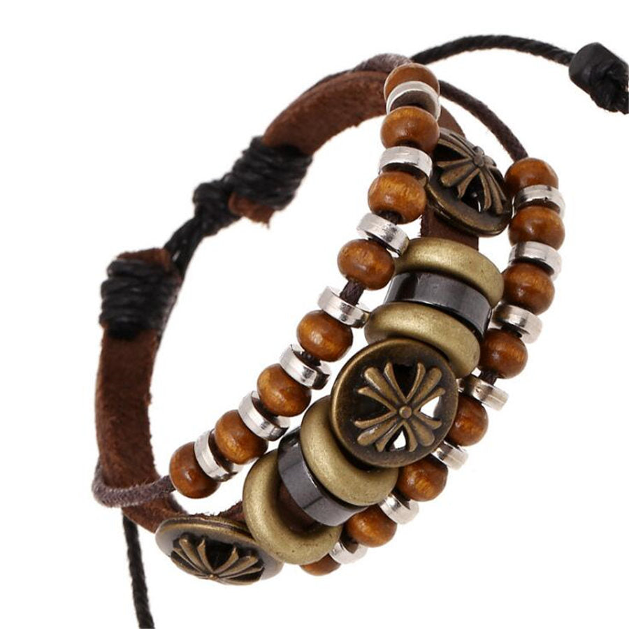 Genuine Leather Multi-layer Beaded Charm Bracelets - Exinoz