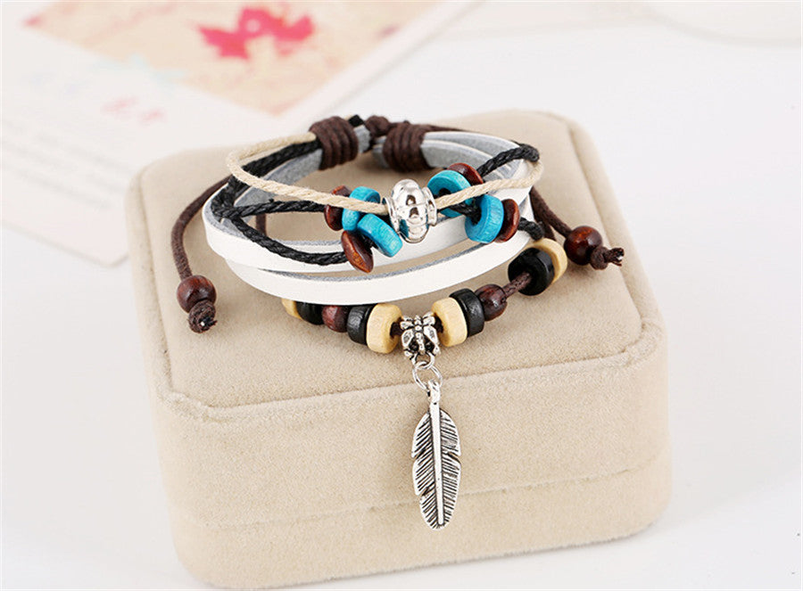 Genuine Leather Multi-layer Beaded Charm Bracelets - Exinoz