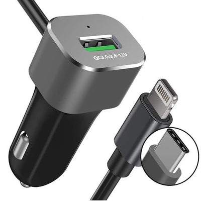 Exinoz Car Charger with Integrated Type C and Lightning Cable with USB A Port - Exinoz