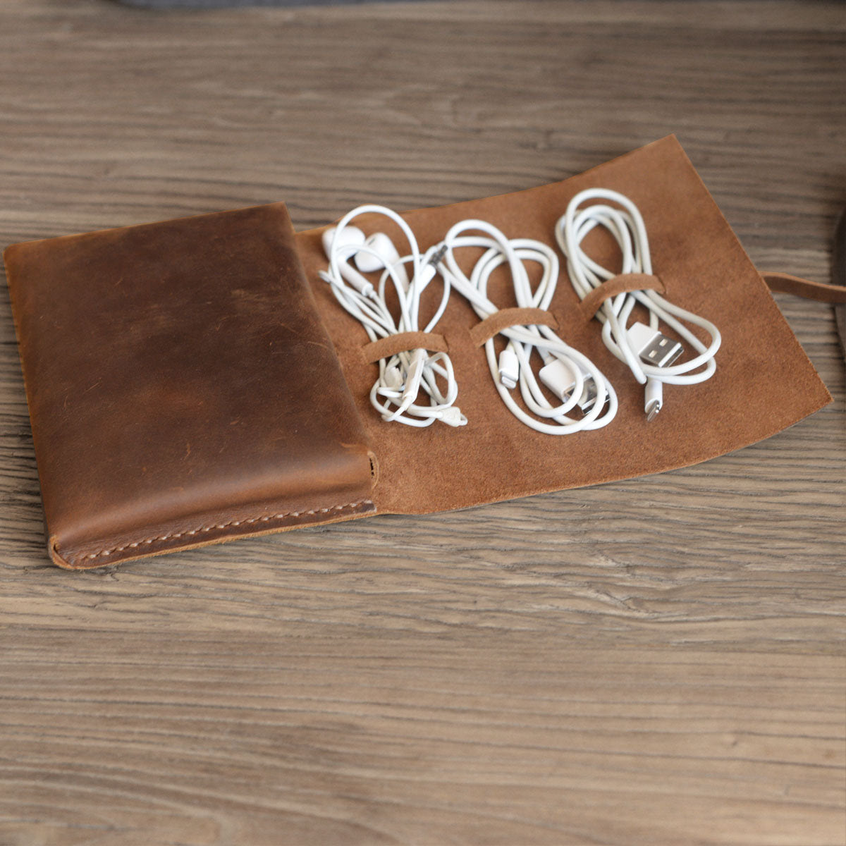 Handmade Personalized Leather Cable Cord Organizer Pouch - Exinoz