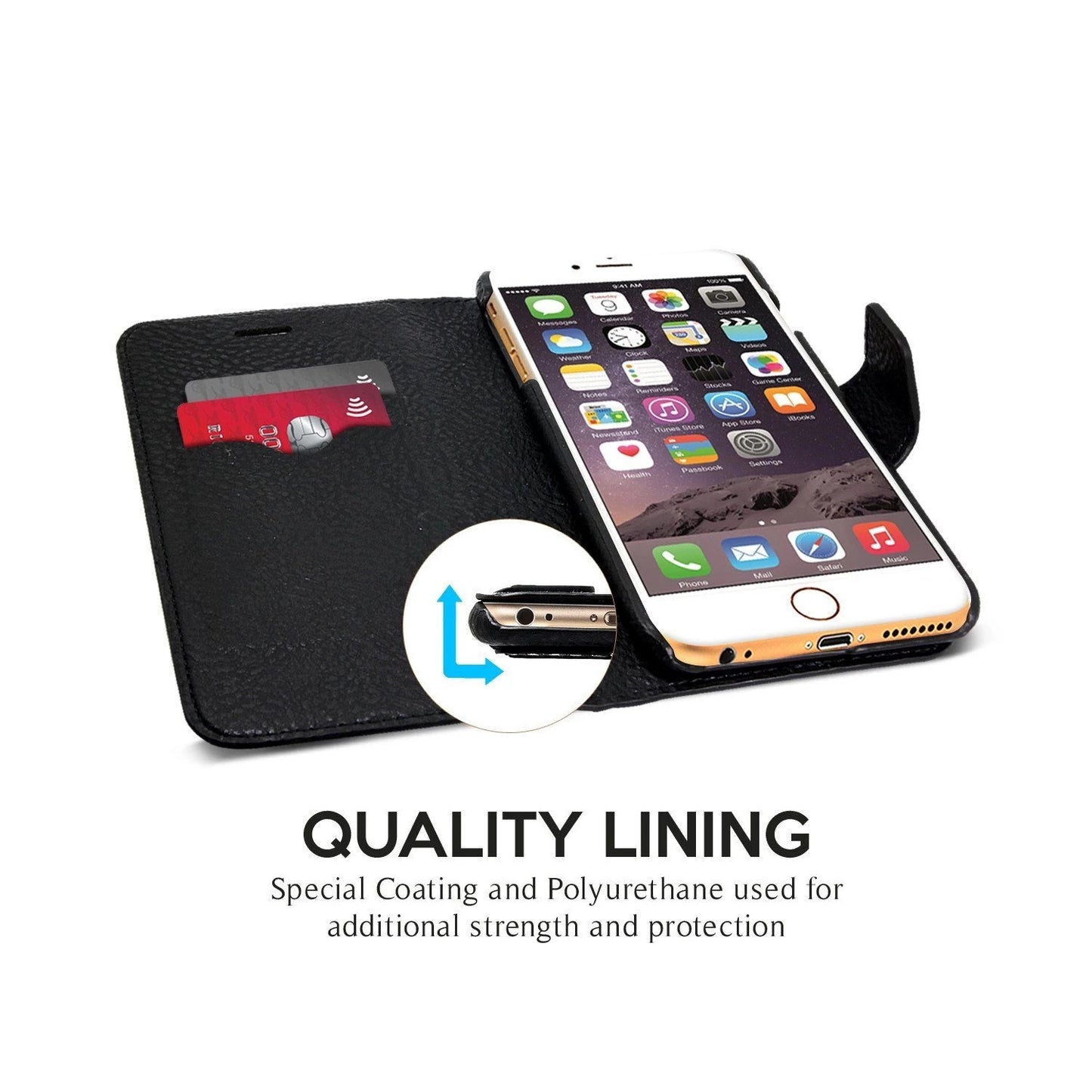 Exinoz iPhone 6S Plus Case, 100% Genuine Leather Wallet Case [BLACK] - For Apple iPhone 6 Plus and iPhone 6S Plus 5.5" Devices - Exinoz