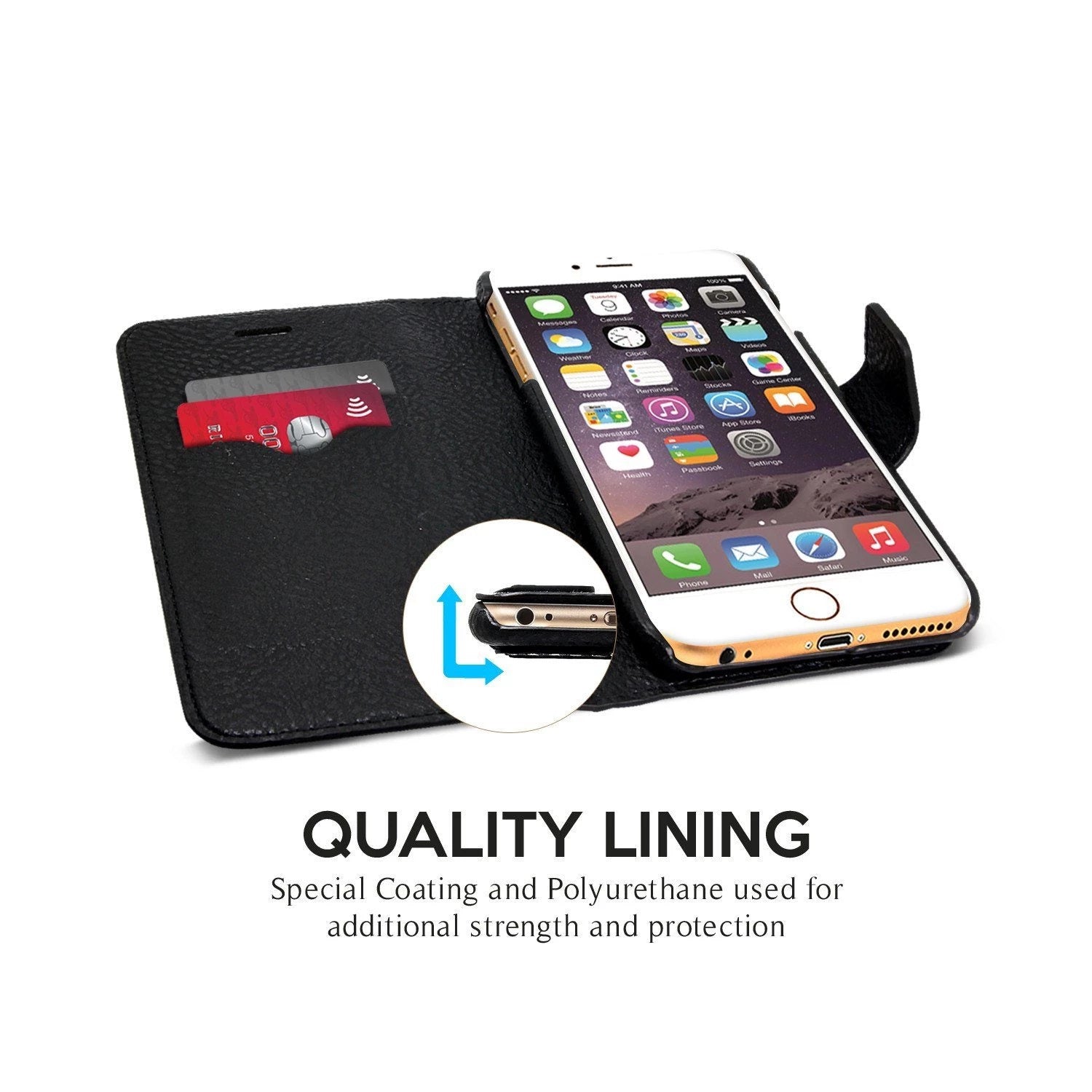 Exinoz iPhone 6S Plus Case, 100% Genuine Leather Wallet Case [BLACK] - For Apple iPhone 6 Plus and iPhone 6S Plus 5.5" Devices - Exinoz