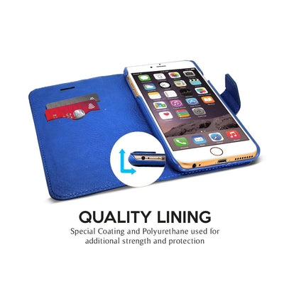 Exinoz iPhone 6S Plus Case, 100% Genuine Leather Wallet Case [BLUE] - For Apple iPhone 6 Plus and iPhone 6S Plus 5.5" Devices - Exinoz