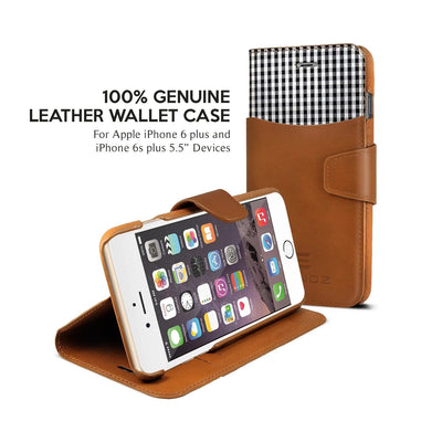 Exinoz iPhone 6S Plus Case, 100% Genuine Leather Wallet Case [BROWN] - For Apple iPhone 6 Plus and iPhone 6S Plus 5.5" Devices - Exinoz