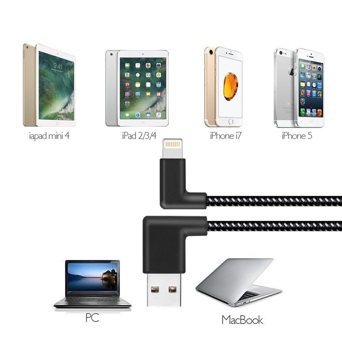 2A Right Angle Lightning Cable Charger 90 Degree Woven Lead for iPhone - Exinoz