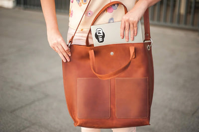 Genuine Leather Tote with External Pockets - Exinoz