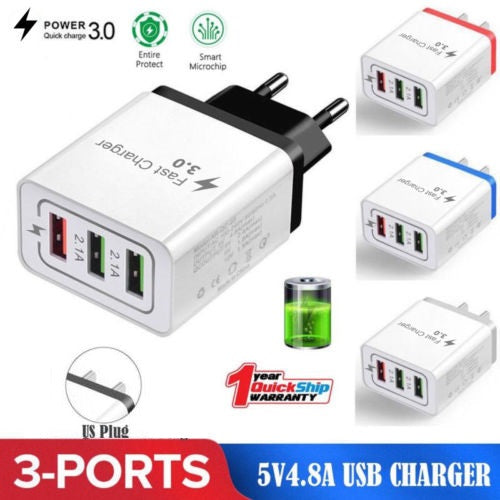 Fast Charger USB 3.0 3-Port Hub 5V 4.8A Phone Wall Adapter US Plug - Exinoz