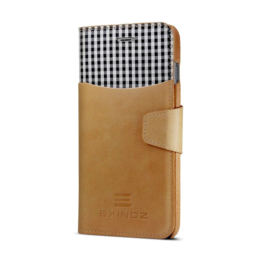 Exinoz iPhone 6S Plus Case, 100% Genuine Leather Wallet Case [LIGHT BROWN] - For Apple iPhone 6 Plus and iPhone 6S Plus 5.5" Devices - Exinoz