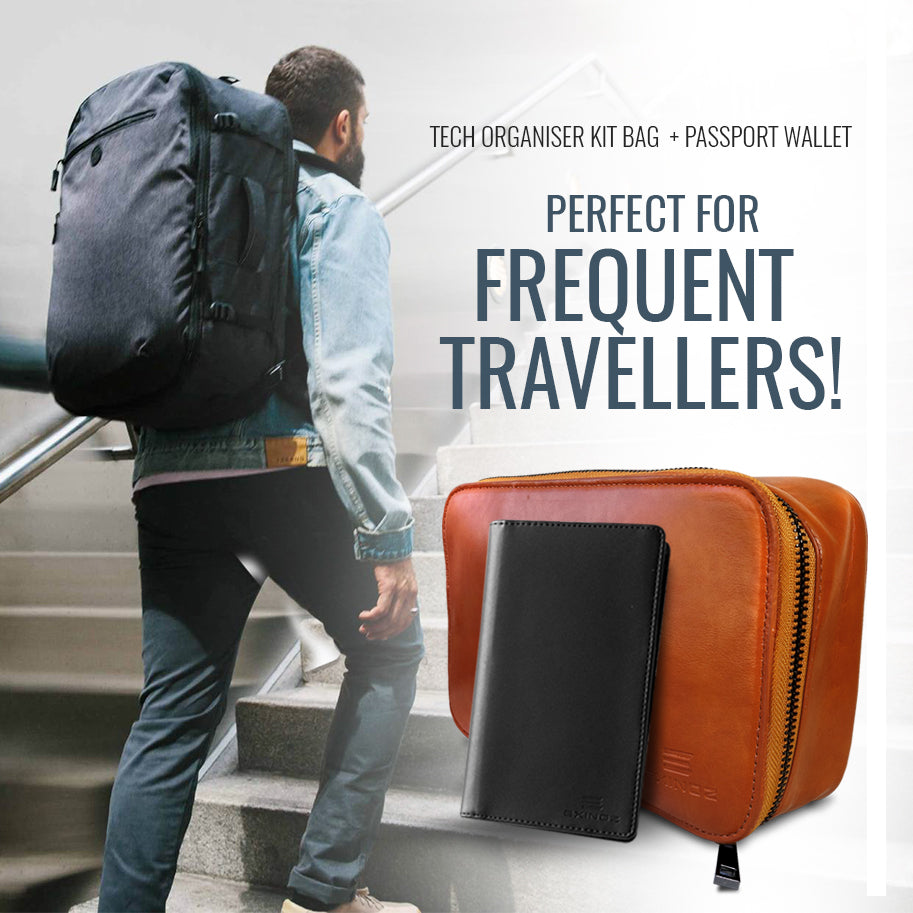 EXINOZ Tech Organiser Kit Bag And RFID Leather Passport Wallet (Limited Offer Bundle) - Exinoz