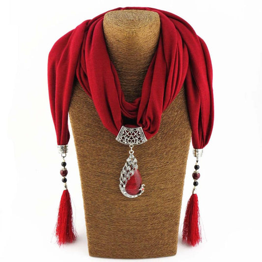 Necklace Scarf with pendant Fringe tassel and beads - Exinoz